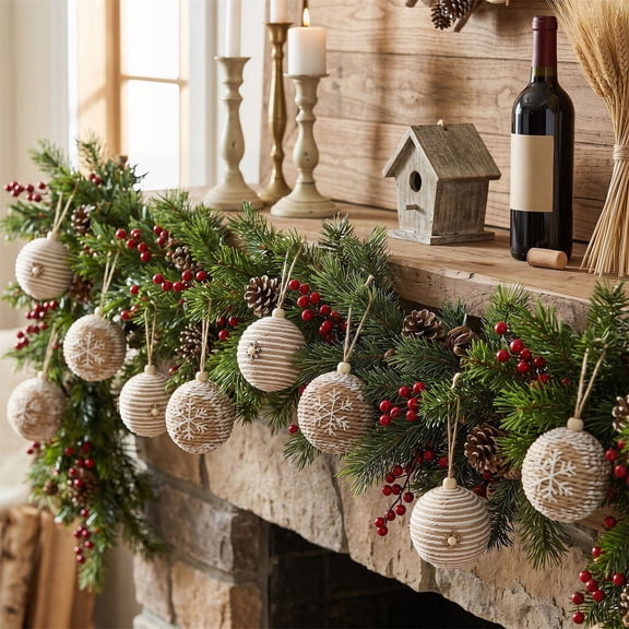 Eolstice Farmhouse Christmas Ball Ornaments Set, 12Pcs Christmas String Ball Ornament, Christmas Tree Hanging Decor, for Home, Party, Christmas Gift, Indoor Festive Decor