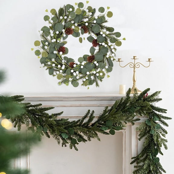 Eolstice Faux Red Berry Pinecone Wreath, Artificial Berry Wreath, Red Berry Decor for Indoor Home, Outdoor Front Door, Wall Hanging, Easy Installation(White)