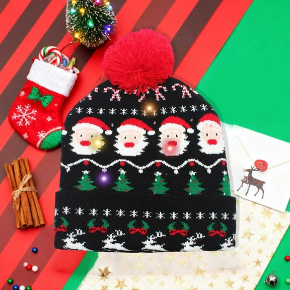 Eolstice Festive Christmas LED Knitted Hat, Santa Claus Pattern Woolen Beanie with Warm Ear Coverage, for Parties Outdoor Activities and Seasonal Celebrations