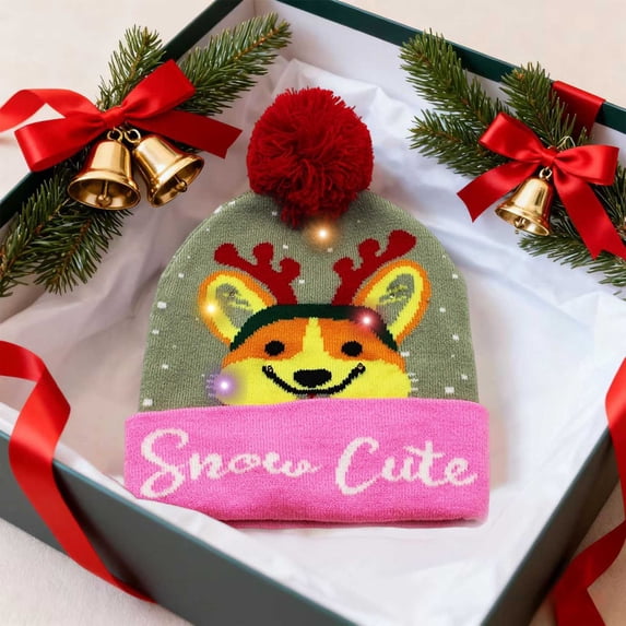 Eolstice Festive Christmas LED Knitted Hat, Santa Claus Pattern Woolen Beanie with Warm Ear Coverage, for Parties Outdoor Activities and Seasonal Celebrations