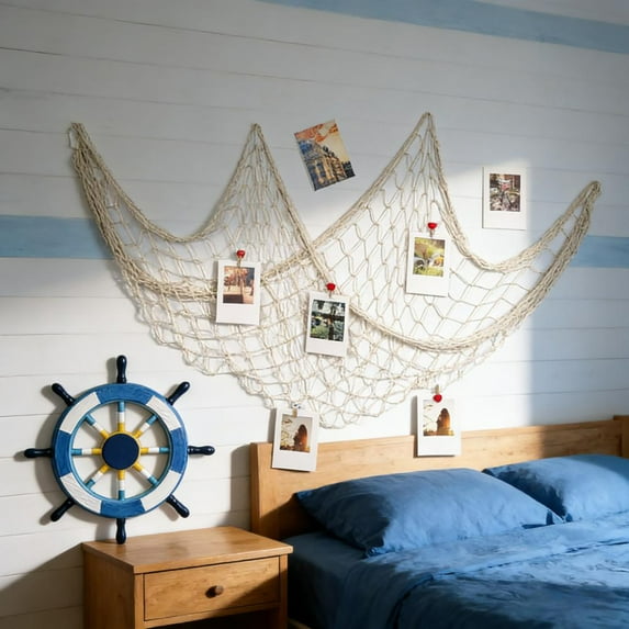Eolstice Fishing Net Decoration, Coastal Style Wall Hanging, Nautical Rope Net for Beach Theme Decor, Perfect for Photo Backdrop, Bedroom, Living Room, Party Wall Display(Beige)