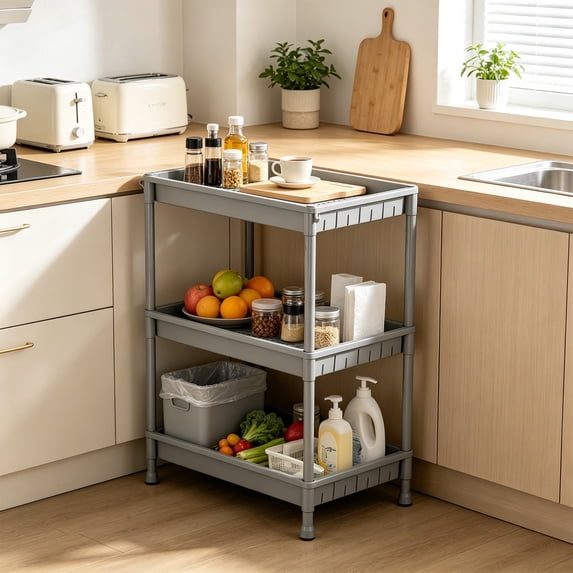 Eolstice Freestanding Gray 3 Layer Plastic Storage Shelf, Multipurpose Organizer Rack, Home Kitchen Pantry Laundry Utility Room Storage Unit