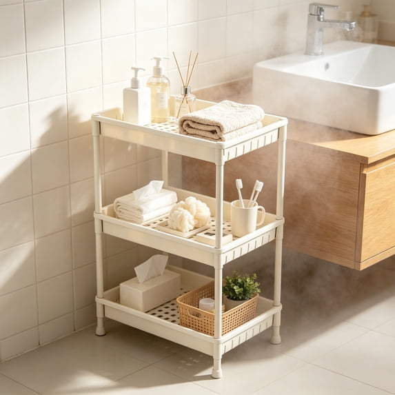 Eolstice Freestanding White 3-Tier Plastic Storage Shelf, Multipurpose Organizer Rack, Indoor Household Kitchen Bathroom Utility Storage Unit