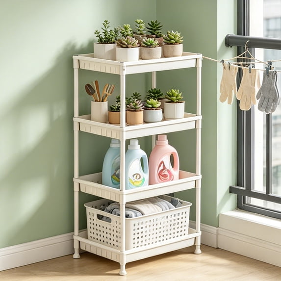 Eolstice Freestanding White 4-Tier Plastic Storage Shelf, Multipurpose Organizer Rack, Indoor Household Kitchen Bathroom Utility Storage Unit