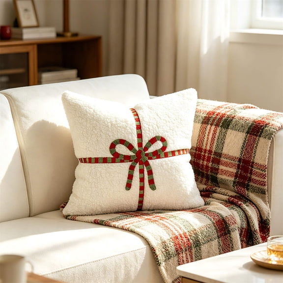 Eolstice Fuzzy Christmas Throw Pillow, Gift Box Striped Bow Design, Soft Decorative Cushion, Xmas Sofa Couch Pillows for Holiday Decor