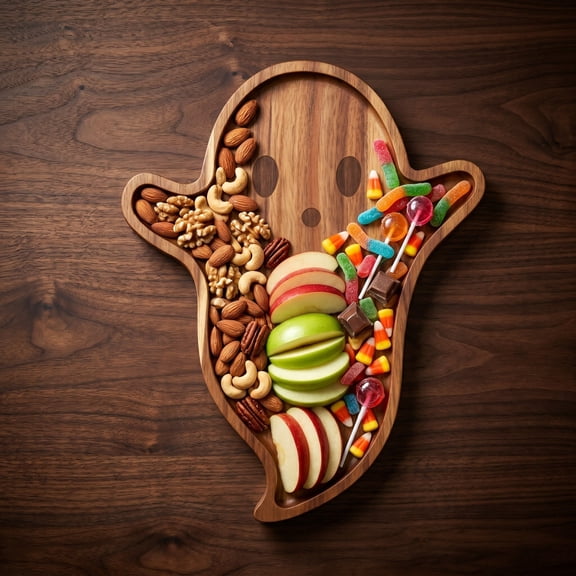 Eolstice Ghost Shaped Serving Tray, Wooden Charcuterie Board, Natural Wood Snack Platter, Fall Decor, Halloween Party Table Kitchen Counter
