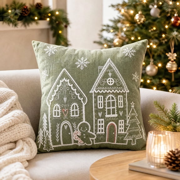 Eolstice Gingerbread House Christmas Throw Pillows, Embroidered Decorative Cushions For Sofa Couch Bed, Xmas Home Decor For Living Room Indoor