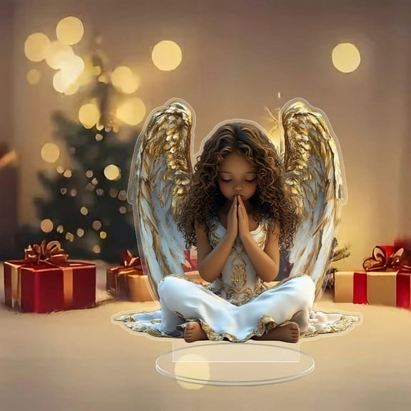 Eolstice Gold Rimmed Winged Praying Angel Acrylic Ornament, Tabletop Home Desktop Decor, Religious Decor For Shelf, Mantle, Gift For Faith