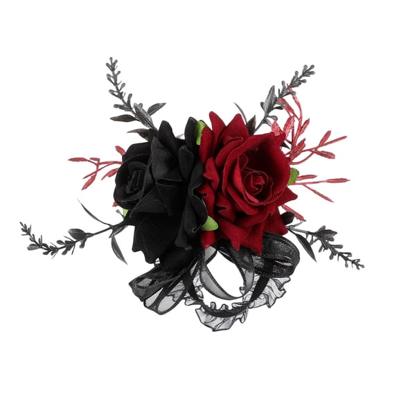 Eolstice Gothic Black Faux Rose Corsage and Wristlet Set, Black Red Artificial Rose, Gothic Flower for Bridesmaid, Bridal Accessory, Wedding Party Gift