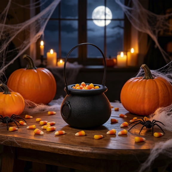 Eolstice Halloween Candy Pail, Witch Cauldron Snack Bucket, Plastic Treat Container with Handle, Trick or Treat Party Supplies, Spooky Home Decoration