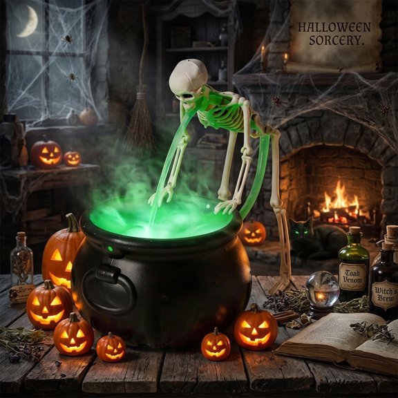 Eolstice Halloween Cauldron Decorations Indoor, Puking Skeleton Cauldron with Green LED Mist Maker, Tabletop Home Party Halloween Decoration