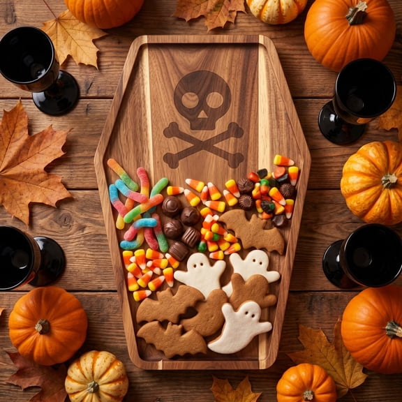 Eolstice Halloween Coffin Serving Tray, Skull Crossbones Charcuterie Board, Natural Wood Snack Platter, Fall Decor, Party Table Kitchen Home