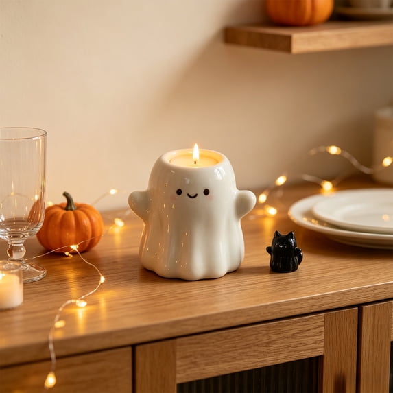 Eolstice Halloween Ghost Ceramic Candlestick, Cute Ghost Candle Holder, Home Desktop Decoration, Spooky Table Centerpiece for Halloween Party Decor