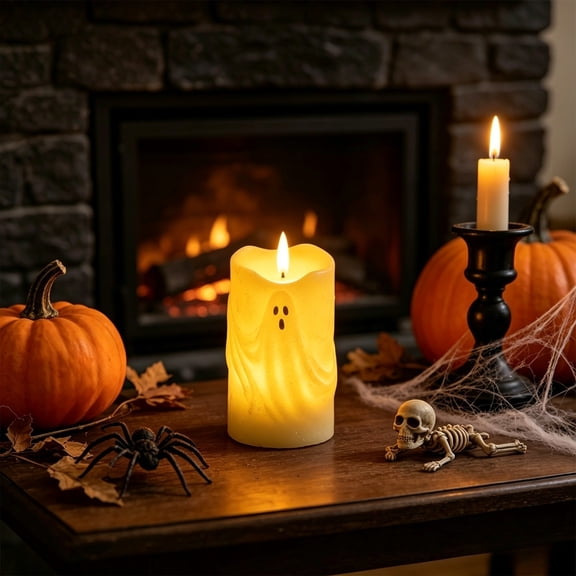 Eolstice Halloween Ghost Shaped Paraffin Candle, Cute Ghost Face LED Simulated Flame, Columnar Table Fireplace Decorative Ornament for Home