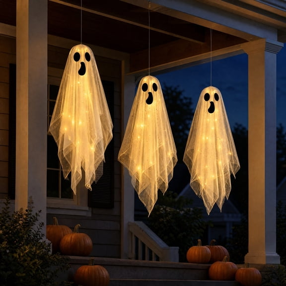 Eolstice Halloween Hanging Ghost Decorations, 3 Pack Remote Control LED Light Up White Ghost Ornaments, Spooky Indoor Outdoor Decor, Halloween Party Decoration