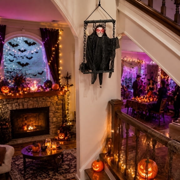 Eolstice Halloween Hanging Skeleton Ghost Cage Decoration, Light Up Ghost With Spooky House Prop, Indoor Outdoor Party Decor