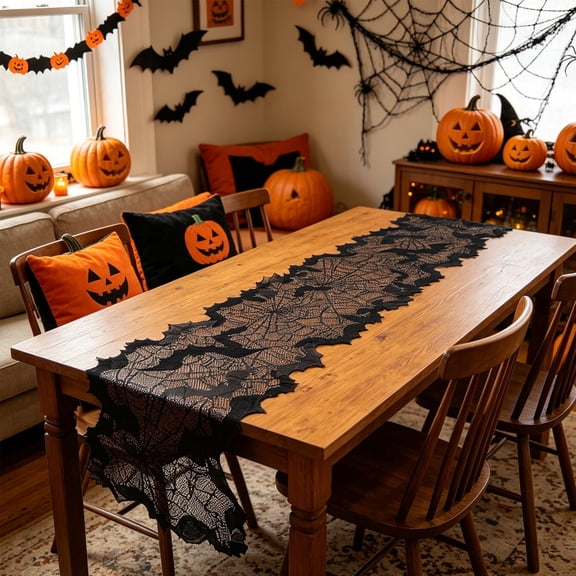 Eolstice Halloween Lace Table Runner, Irregular Jagged Sheer Mesh Table Scarf, Spooky Holiday Table Decor, Dinner Table Fireplace Mantel Party, Home Decoration
