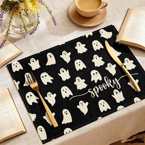 Eolstice Halloween Placemat, Cute Spooky Ghost Print Linen Dining Mat, Stain Resistant Table Mat, Halloween Themed Decor For Home And Restaurant