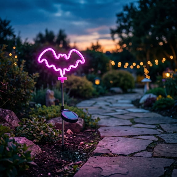 Eolstice Halloween Solar Neon Ground Light, Bat Shape Neon Signs Night Lights, Spooky Party Yard Lighting, Solar LED Stake