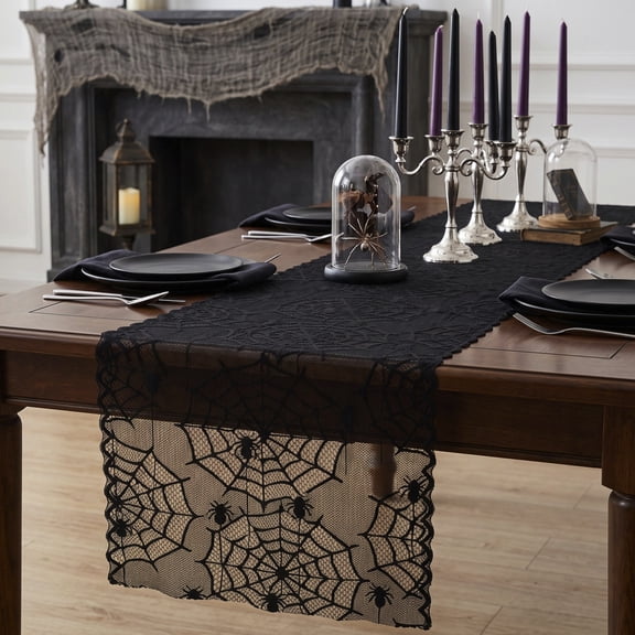 Eolstice Halloween Spider Web Cutout Table Runner, Lace Washable Dining Table Mat for Home Kitchen Fall Party Decoration, Indoor Table Decor