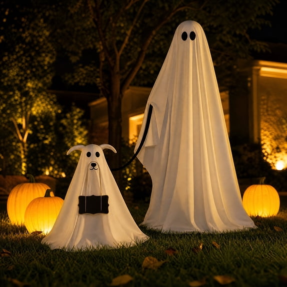Eolstice Halloween Standing Halloween Ghost Set, Fabric Ghost Dog with Sign, Halloween Decorations Outdoor, Spooky Ghost Dog for Party Front Door Decor