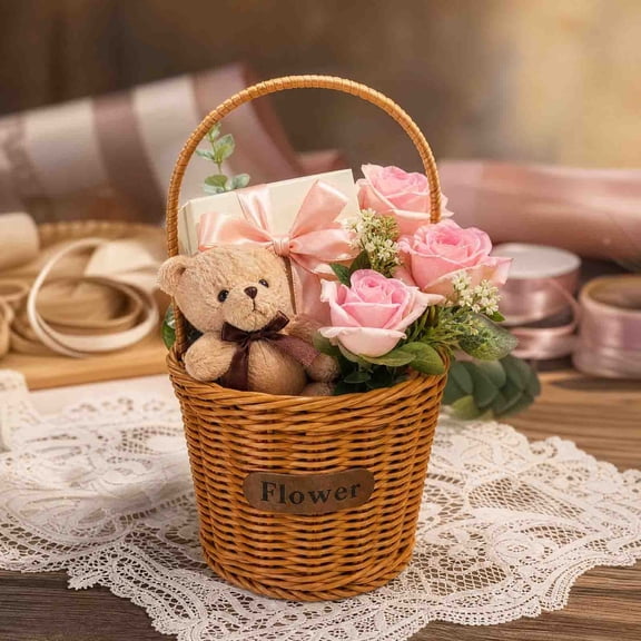 Eolstice Hand Woven Wicker Flower Basket with Handle, Natural Willow Multipurpose Organizer for Home Storage Decor, Boho Rustic Farmhouse