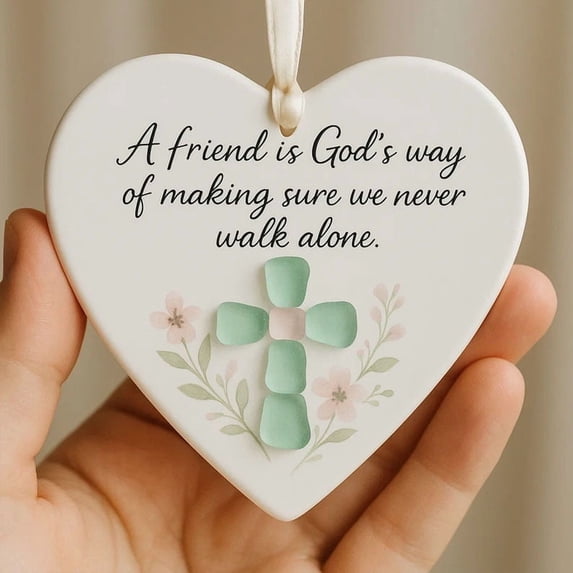 Eolstice Heart Shape Sea Glass Friendship Hanging Ornament, Eternal Keepsake For Tree Decor, Christmas Decorations Coastal Style Home Accents