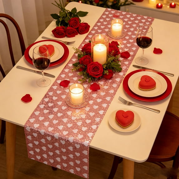 Eolstice Heart-shaped Sequined Mesh Table Runner, Glittery Sequined Party Table Decor, For Valentines's Day, Birthday Party, Wedding Decor, Festival Home Decor, Sparkling Accent(Pink)