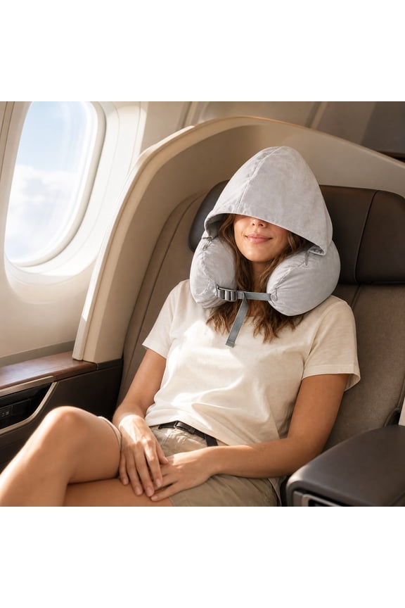 Hooded Travel Neck Pillow, Stuffable Soft Velvet Compact Airplane Cushion, Portable Storage Compartment for Flight Car Rest