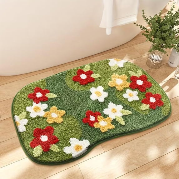 Eolstice Irregular Floral Doormat, Green Flocked Non Slip Rug, Washable Absorbent Entrance Mat, Front Door Home Entryway Floor Carpet