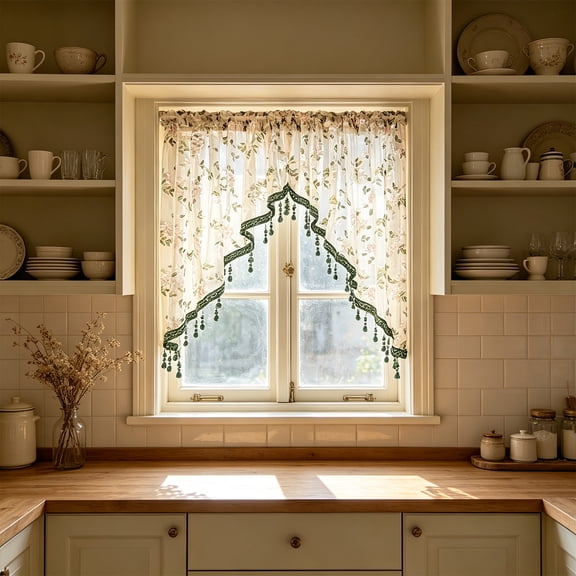 Eolstice Lace Curtain, Flower Embroidery No Punch Triangular Valance, Kitchen Bedroom Partition Window Treatment, Short Cafe Curtain Pole For Kitchen