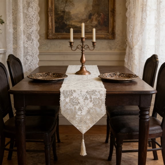 Eolstice Lace Tassel Table Runner, Decorative Table Cover with Fringe, Elegant Dining Table Cloth for Sideboard and Cabinet, Adds Style to Meals and Events(A)