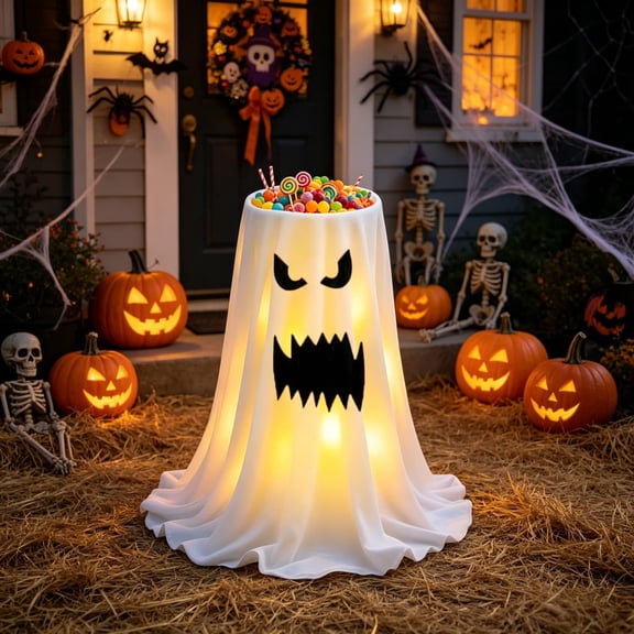 Eolstice Light Up Ghost Candy Bowl, Halloween Animated LED Candy Stand, Remote Control Spooky Treat Container for Front Porch, Indoor Trunk or Treat Decor