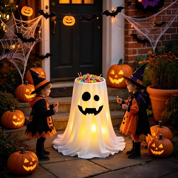 Eolstice Light Up Ghost Candy Bowl, Halloween Animated LED Candy Stand, Remote Control Spooky Treat Container for Front Porch, Indoor Trunk or Treat Decor