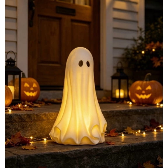 Eolstice Light Up Resin Ghost Halloween Decor, Warm LED Glowing Ghost Statues, Battery Operated Figurines For Yard Porch Indoor Outdoor Party