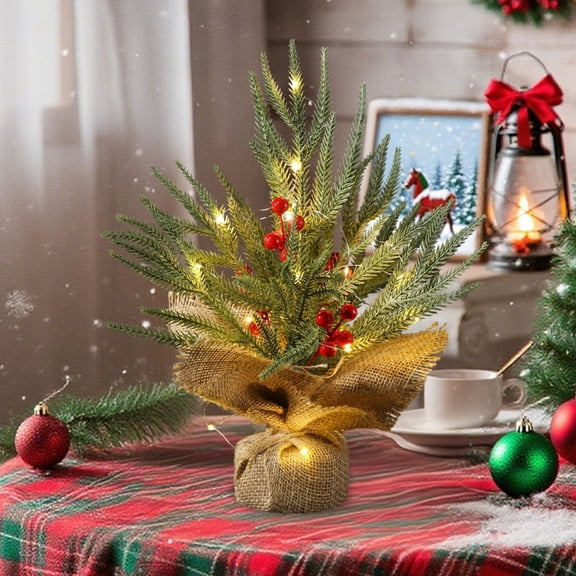 Eolstice Lighted Tabletop Christmas Tree With Red Berry Pinecones, Small Artificial Mini Tree On Burlap Base, For Home Office Mantel Party Festival