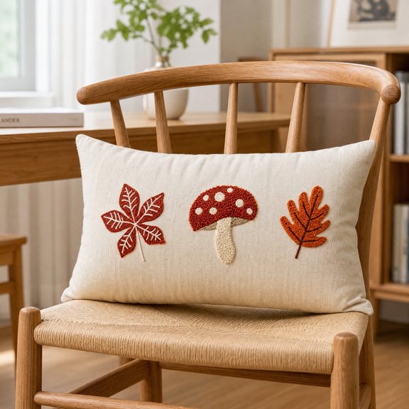Eolstice Linen Embroidered Throw Pillow Cover, Cute Red Spotted Leaf, Decorative Cushion Case, Fall Pillowcase, Sofa Couch Decor, Autumn Accent