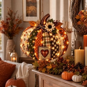 Eolstice Patchwork Pumpkin Wall Hanging Decor with Lights, Fall Harvest Pumpkin Door Hanger, Farmhouse Wall Ornament for Living Room and Front Door