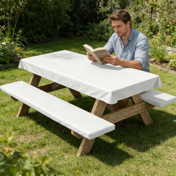 Eolstice Patio Table Cover Set, Three Pieces Picnic Table and Benches Covers, Table and Chair Protective Covers for Outdoor Furniture, Weather Resistant(White)