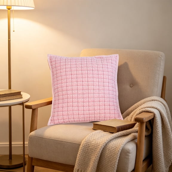 Eolstice Pink Tweed Textured Throw Pillow, Square And Lumbar Plaid Woven Cushion, Piped Edges Decorative Cover, Sofa Bedroom Home Decor Accent