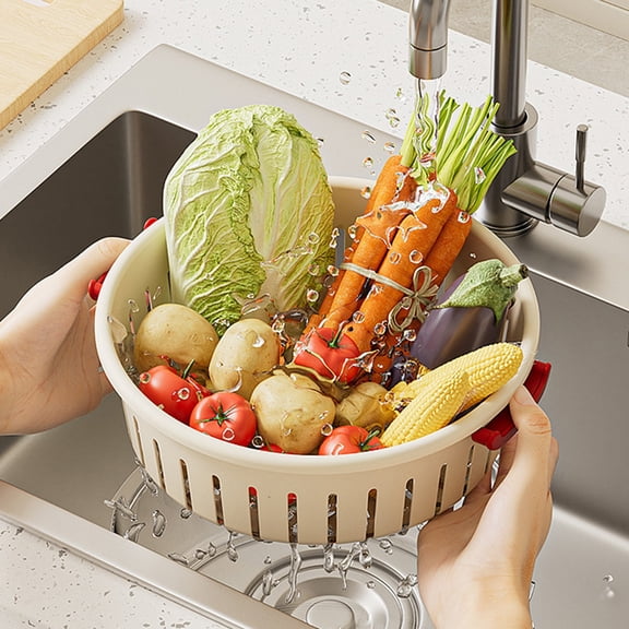 Eolstice Plastic Washing Bin, Multi-Purpose Double Layer Kitchen Basket, Fruit Vegetable Colander Storage Organizer for Home Countertop Sink,Beige