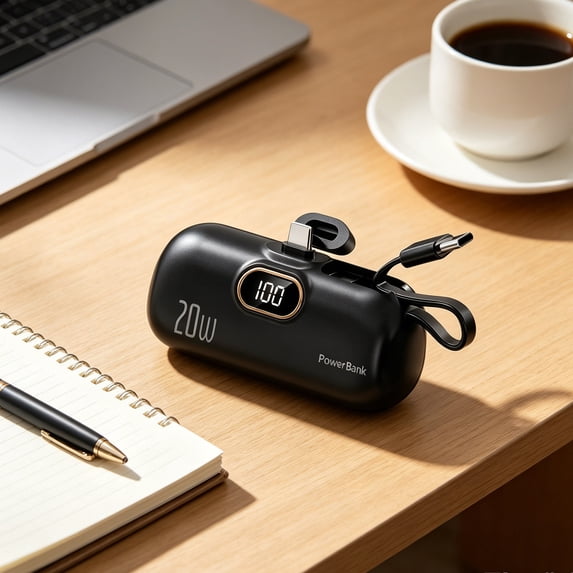 Eolstice Portable Power Bank, Capsule Mini Size, Digital Display, Built in Cable, Large Capacity, Compact Mobile Charger, for iPhone, Android, Travel