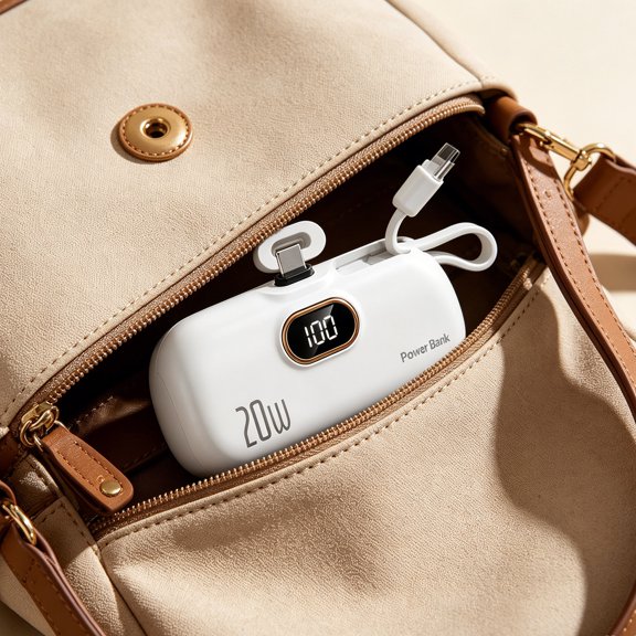Eolstice Portable Power Bank, Capsule Mini Size, Digital Display, Built in Cable, Large Capacity, Compact Mobile Charger, for iPhone, Android, Travel