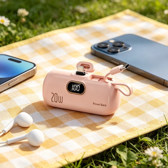 Eolstice Portable Power Bank, Capsule Mini Size, Digital Display, Built in Cable, Large Capacity, Compact Mobile Charger, for iPhone, Android, Travel