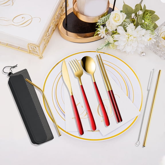 Eolstice Portable Stainless Steel Cutlery Set, Chopsticks Spoon Knife Fork and Straw, 7-Piece Utensil Kit with Storage Case, Camping and Travel, for Picnics and Daily Meals(Red)