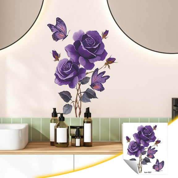 Eolstice Purple Roses Bathroom Beautification Wall Stickers, Rose Pattern Decals, Floral Stickers For Bathroom Decor, Wall Enhancement, Home Styling