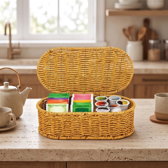 Eolstice Rattan Storage Basket with Lid, Decorative Woven Organizer Box, Desktop Storage Container for Home Tabletop Decor, Closet Organizer Bin