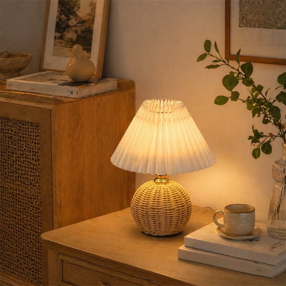 Eolstice Rattan Table Lamp, Pleated Woven Ball Bedside Lamp, Umbrella Shaped LED Night Light, Creative Ambient Lighting for Bedroom Living Room Home Decor,Beige