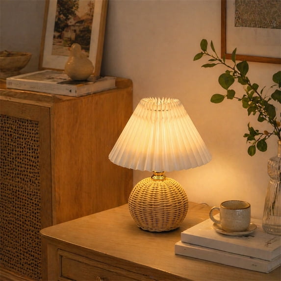 Eolstice Rattan Table Lamp, Pleated Woven Ball Bedside Lamp, Umbrella Shaped LED Night Light, Creative Ambient Lighting for Bedroom Living Room Home Decor,Beige