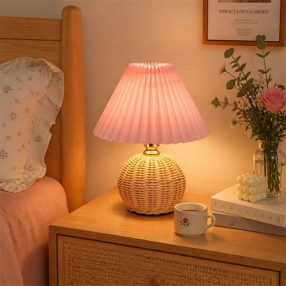 Eolstice Rattan Table Lamp, Pleated Woven Ball Bedside Lamp, Umbrella Shaped LED Night Light, Creative Ambient Lighting for Bedroom Living Room Home Decor,Pink